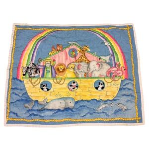 Vintage Noahs Ark Baby Quilt Blanket Animals Handmade Nursery Blue 41x32 - BM